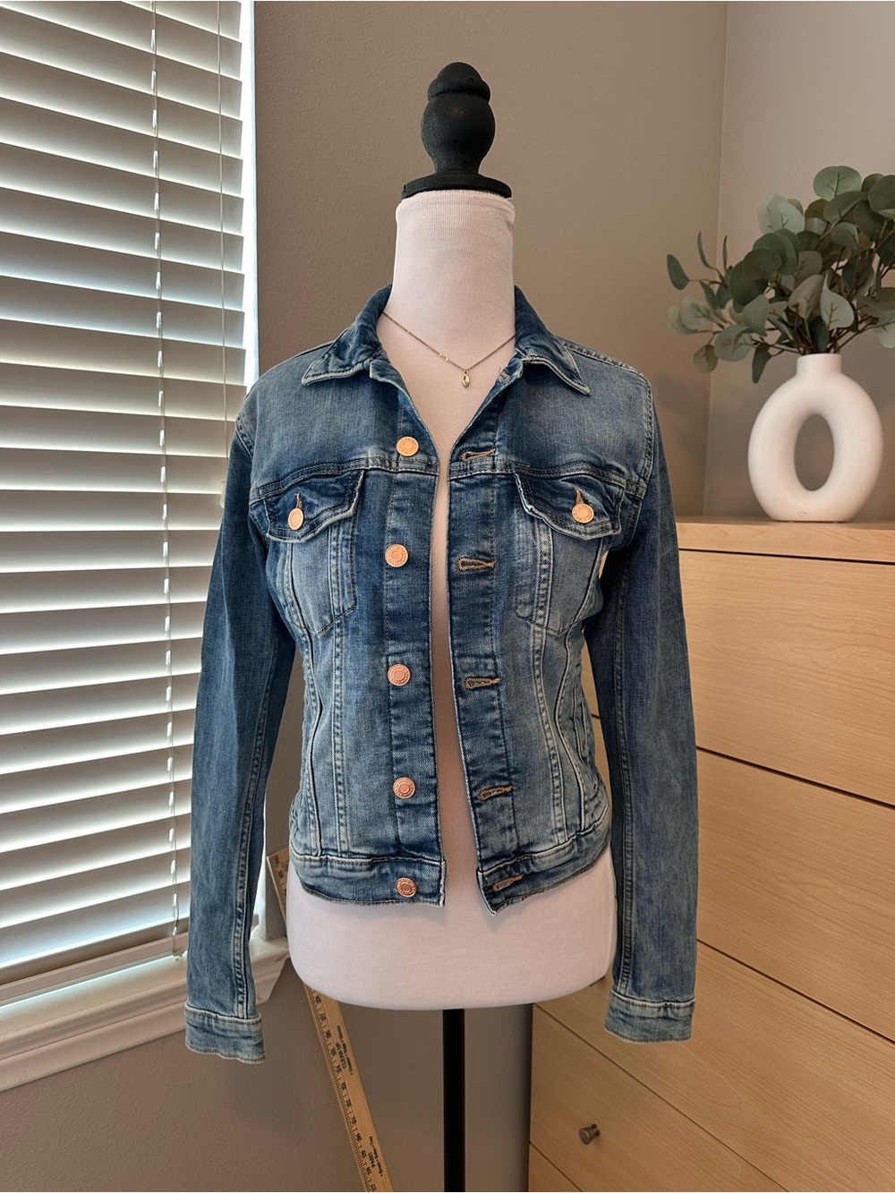 H&M Medium Wash Blue Denim Jacket with Gold Buttons